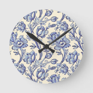 Blue and Cream Tulips Toile French Country Decor Round Clock