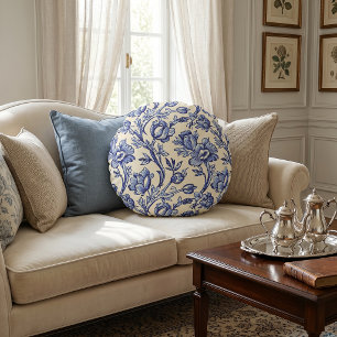 Blue and Cream Tulips Toile French Country Decor Round Cushion