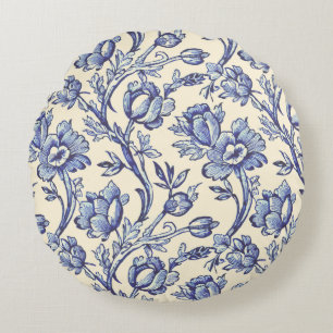 Blue and Cream Tulips Toile French Country Decor Round Cushion