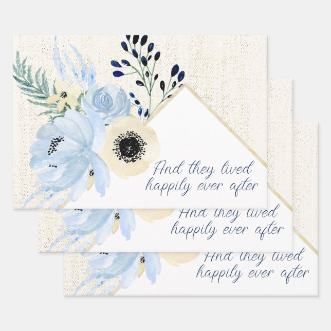 Blue and Cream Watercolor Flowers Frame  Wrapping Paper Sheet (Set)
