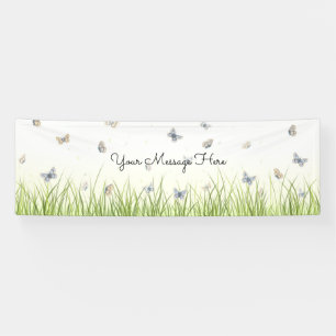 Blue and Crème Butterflies Charming Garden Scene B Banner