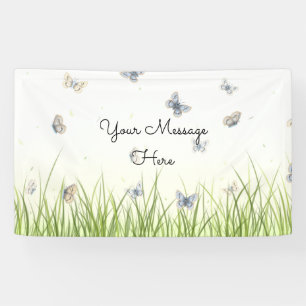 Blue and Crème Butterflies Charming Garden Scene Banner