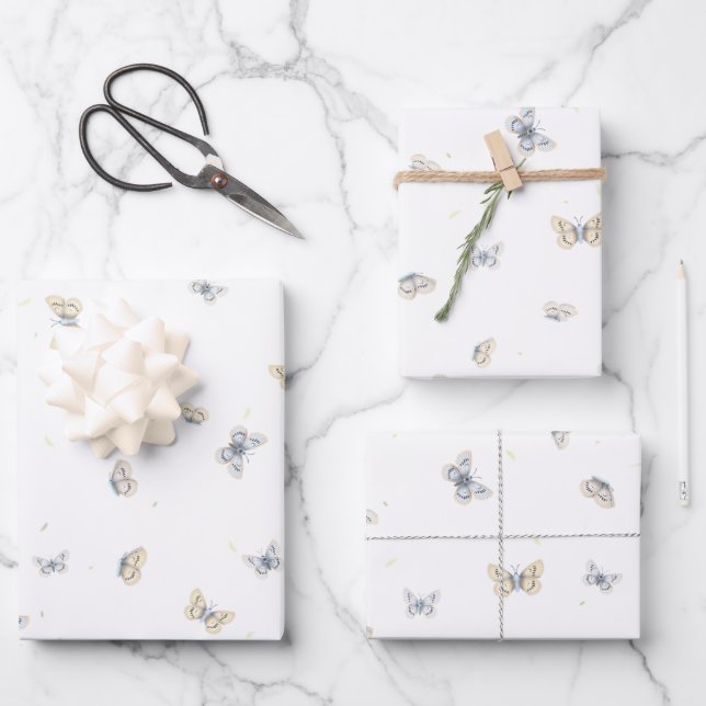 Blue and Crème Butterflies Garden Fauna Wrapping P Wrapping Paper Sheet (Front)