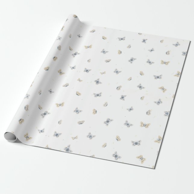 Blue and Crème Butterflies Garden Fauna Wrapping Paper (Unrolled)