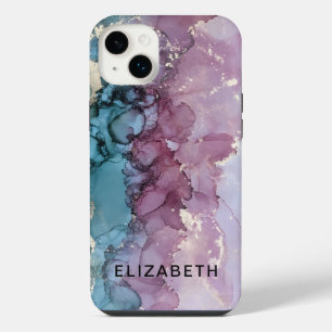 blue and dusty pink gold marble personalised iPhone 14 plus case