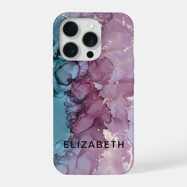 blue and dusty pink gold marble personalized  iPhone case (Back)
