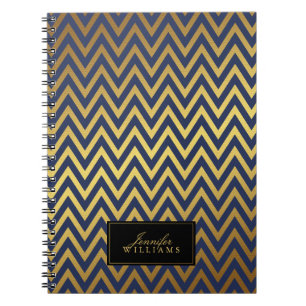 Blue and Faux Gold Chevron Stripes Personalised Spiral Notebook
