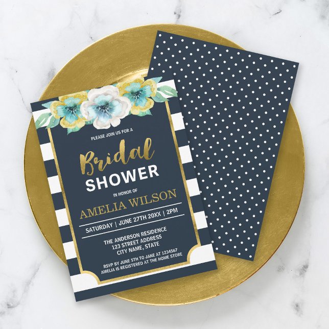 Blue and Faux Gold Floral Bridal Shower Invitation (Creator Uploaded)