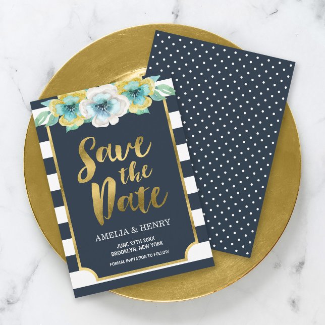 Blue and Faux Gold Floral Save the Date Invitation (Creator Uploaded)