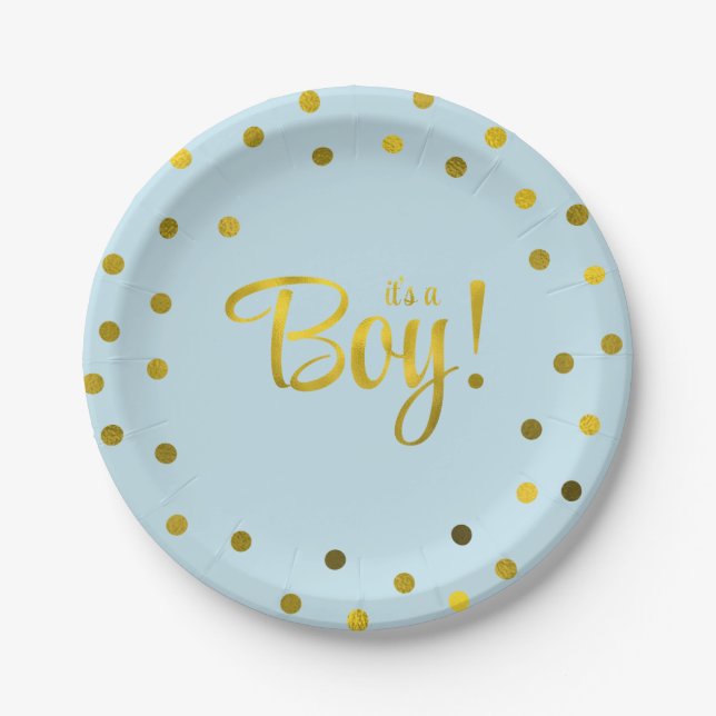 Blue and Faux Gold Foil Girl Baby Shower Paper Plate (Front)
