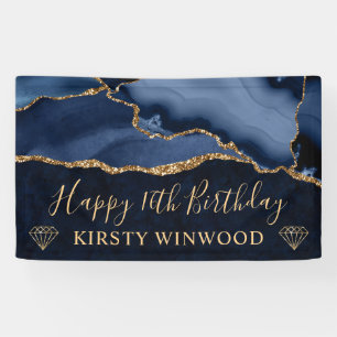 Blue and Faux Gold Glitter Agate Marble Sweet 16 Banner