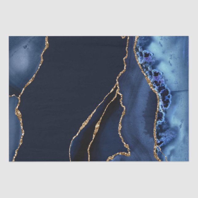 Blue and Faux Gold Glitter Marble Agate Tissue Paper (Front)