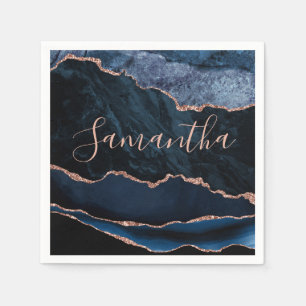 Blue and Faux Rose Gold Glitter Marble Agate Napkin