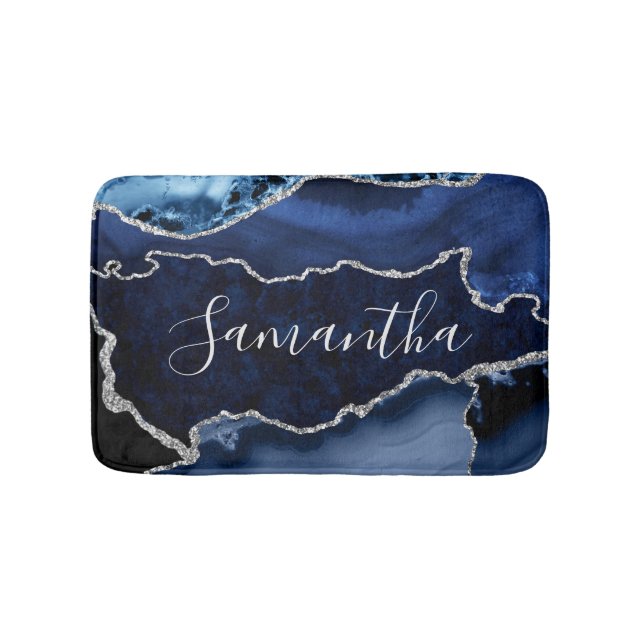 Blue and Faux Silver Glitter Marble Agate Bath Mat (Front)