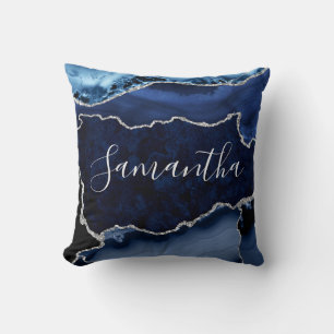 Blue and Faux Silver Glitter Marble Agate Cushion