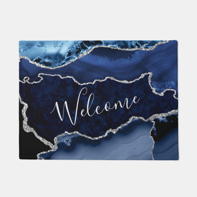 Blue and Faux Silver Glitter Marble Agate Doormat (Front)