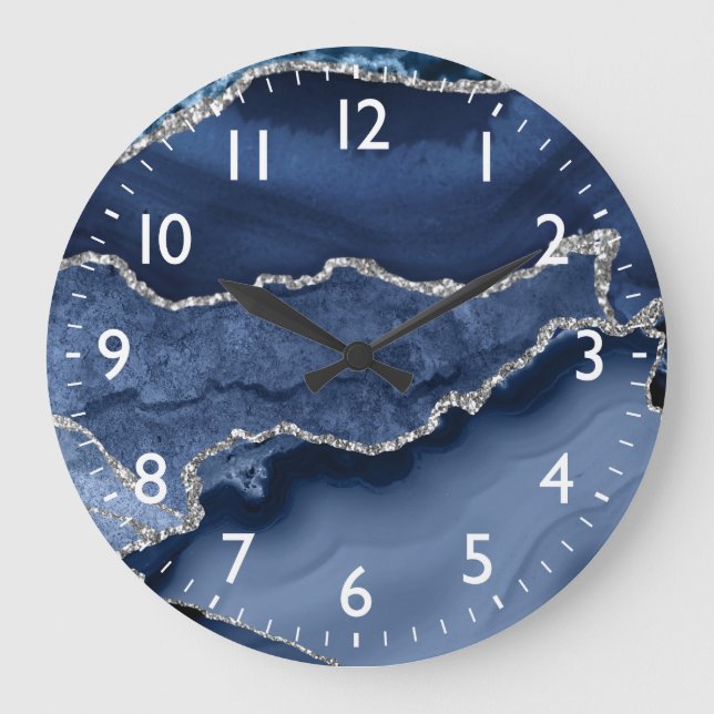 Blue and Faux Silver Glitter Marble Agate Large Clock (Front)