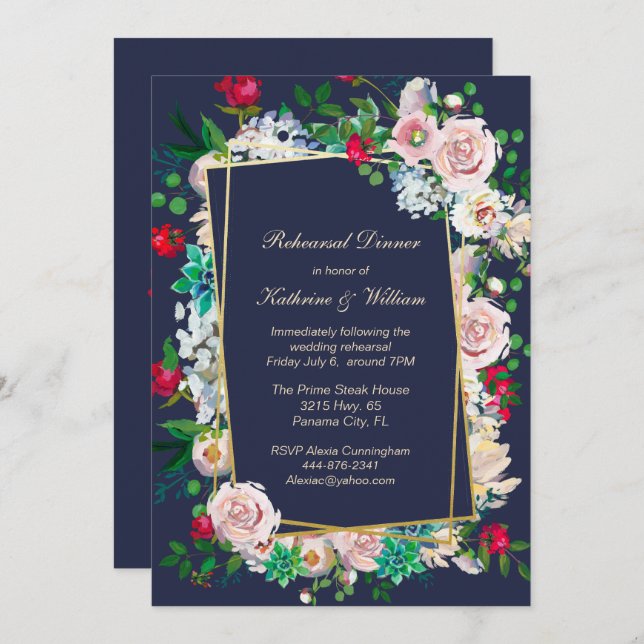 Blue and Floral Frame Wedding Rehearsal Dinner Invitation (Front/Back)