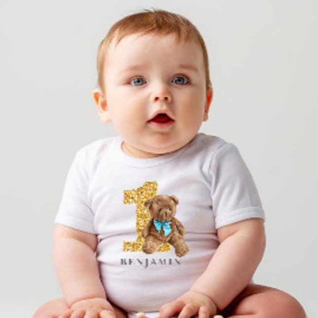 Blue and Gold 1st Birthday Teddy Bear Baby T-Shirt (Creator Uploaded)