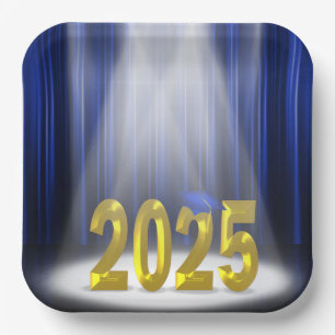 Blue and Gold 2025 Graduation in Spotlight  Paper Plate