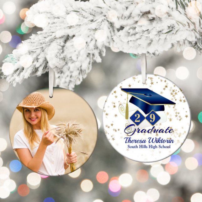 Blue and Gold 20xx Graduate Photo Ceramic Tree Decoration (Blue and Gold Graduate Photo Ceramic Ornament)