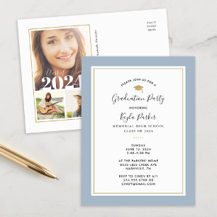 Blue and Gold 3 Photo Graduation Party Invitation