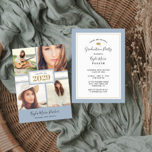 Blue and Gold   4 Photo Graduation Invitation