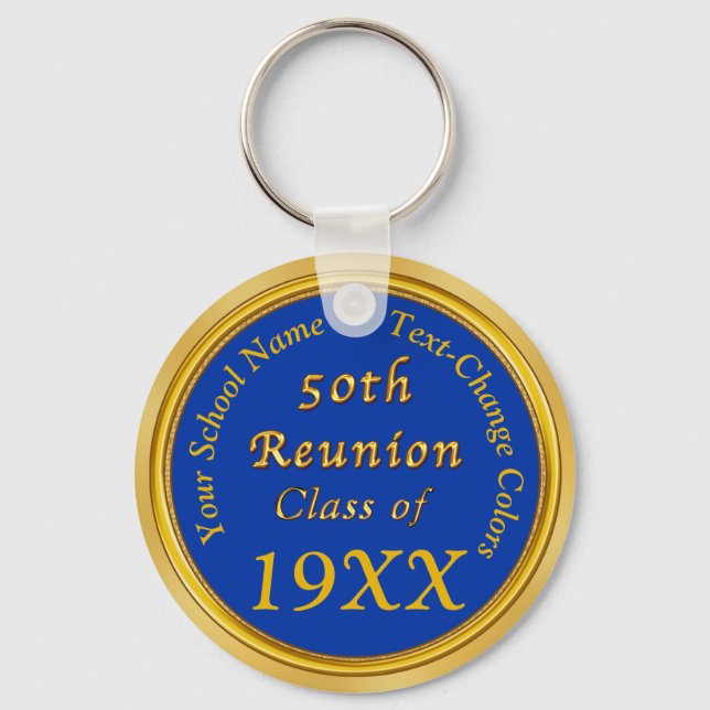Blue and Gold 50th Class Reunion Party Favours Key Ring (Front)