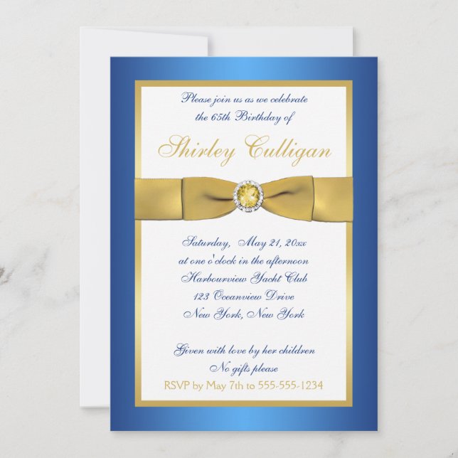 Blue and Gold 65th Birthday Invitation (Front)