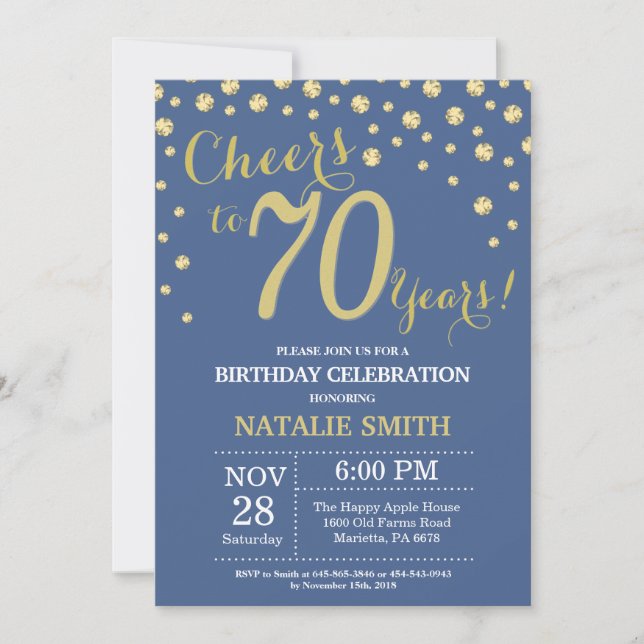 Blue and Gold 70th Birthday Diamond Invitation (Front)