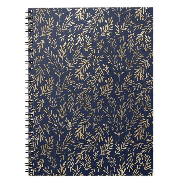 Blue and Gold Abstract Art Deco Leaves Pattern Notebook (Front)