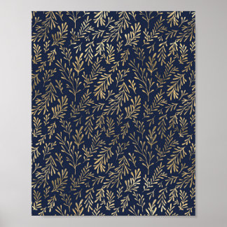 Blue and Gold Abstract Art Deco Leaves Pattern Poster
