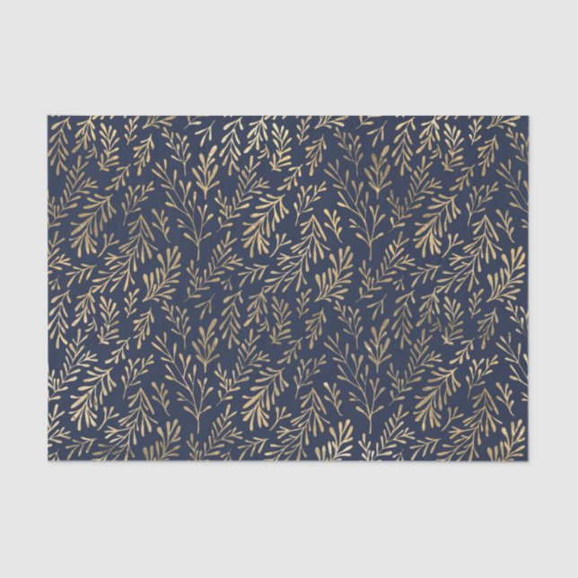Blue and Gold Abstract Art Deco Leaves Pattern  Tissue Paper (Front)