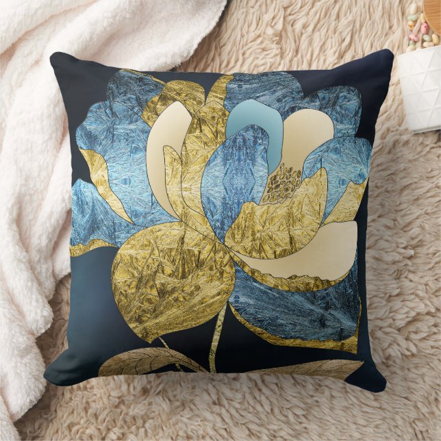 Blue and Gold Abstract Flower with Textured Petals Cushion (Blanket)