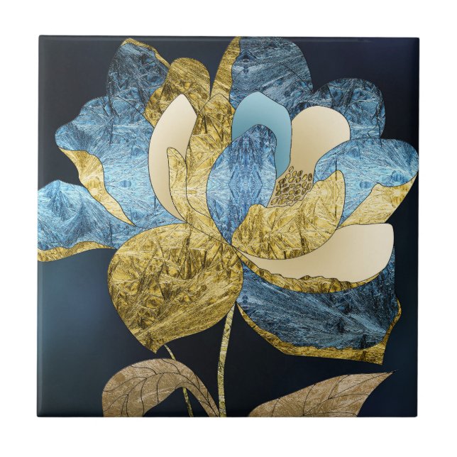 Blue and Gold Abstract Flower with Textured Petals Tile (Front)