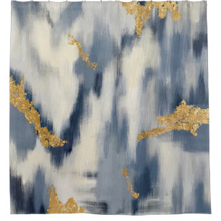 Blue and Gold Abstract Ikat Pattern Shower Curtain
