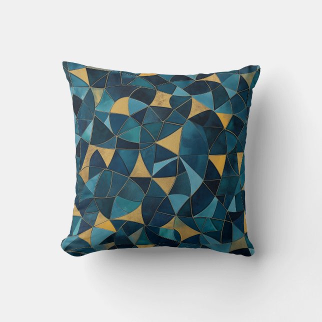 Blue and Gold Abstract Mosaic Cushion (Front)
