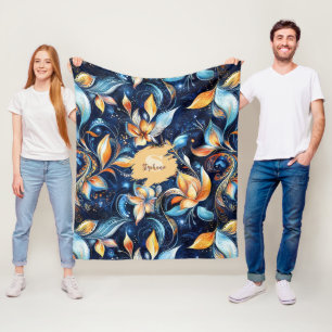 Blue and Gold Abstract Paisley Leaves (2) Fleece Blanket