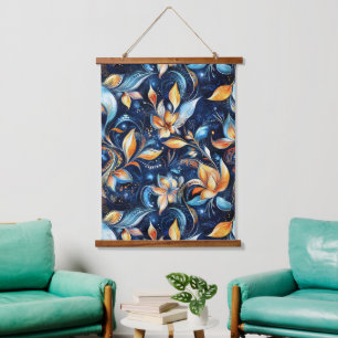 Blue and Gold Abstract Paisley Leaves (2) Hanging Tapestry