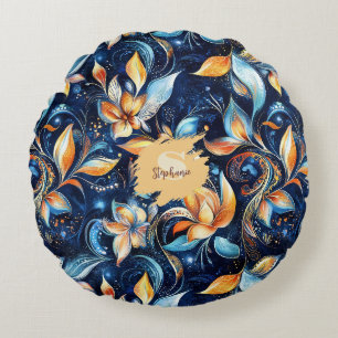 Blue and Gold Abstract Paisley Leaves (2) Round Cushion