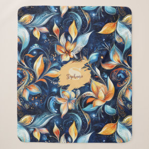 Blue and Gold Abstract Paisley Leaves (2) Sherpa Blanket