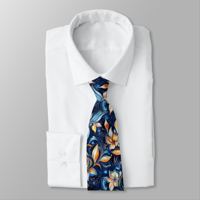 Blue and Gold Abstract Paisley Leaves (2) Tie (Tied)