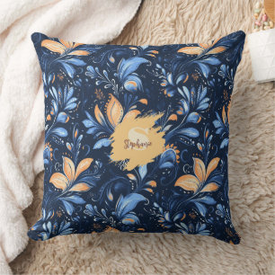 Blue and Gold Abstract Paisley Leaves (3) Cushion