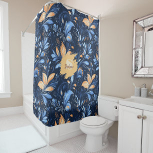 Blue and Gold Abstract Paisley Leaves (3) Shower Curtain