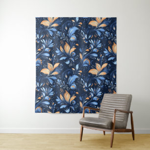 Blue and Gold Abstract Paisley Leaves (3) Tapestry