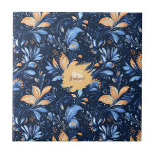 Blue and Gold Abstract Paisley Leaves (3) Tile