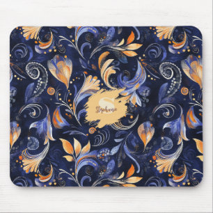 Blue and Gold Abstract Paisley Leaves Mouse Pad