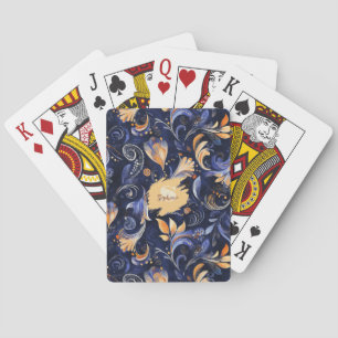 Blue and Gold Abstract Paisley Leaves Playing Cards