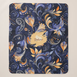 Blue and Gold Abstract Paisley Leaves Sherpa Blanket