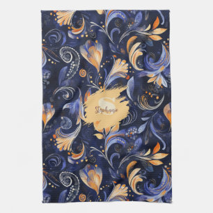 Blue and Gold Abstract Paisley Leaves Tea Towel